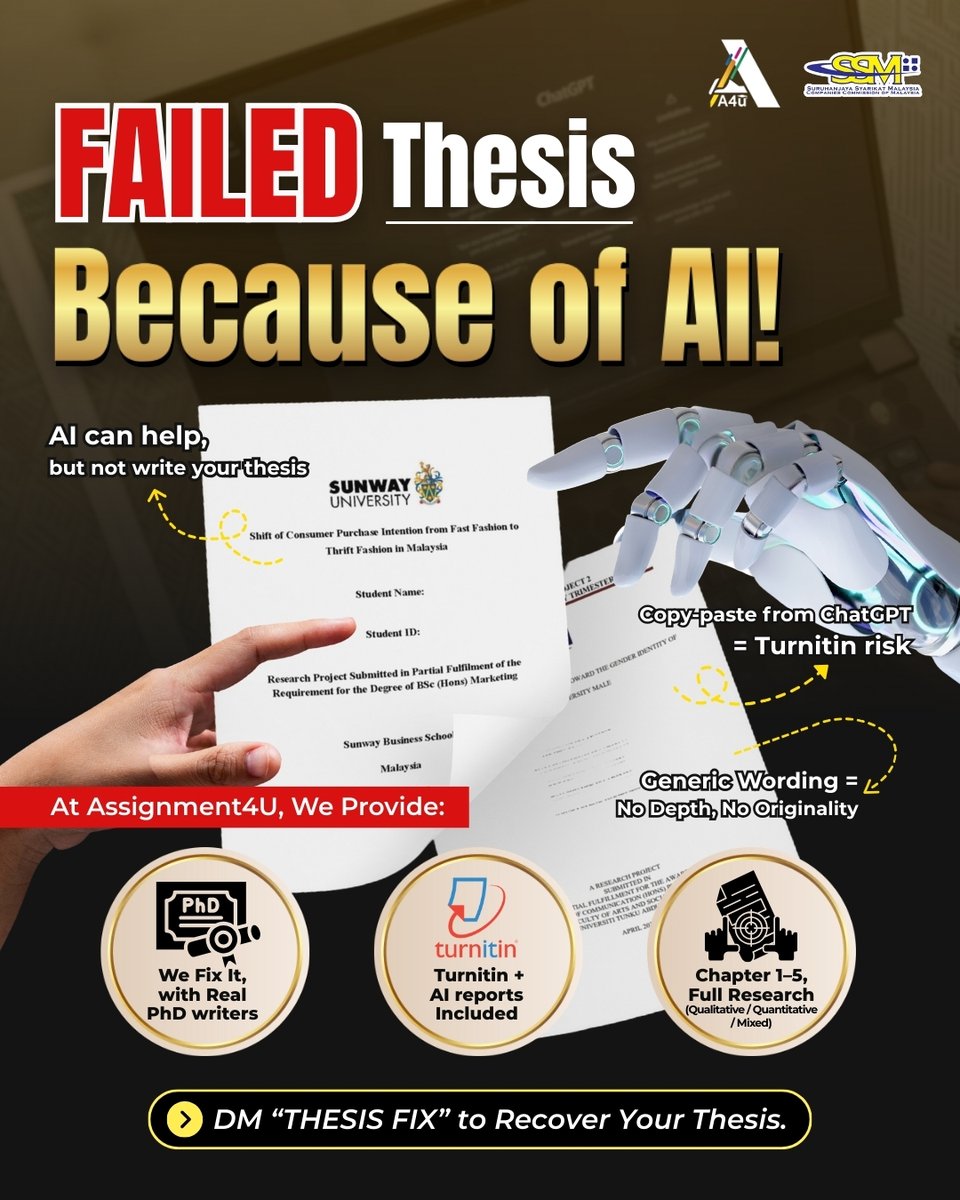 assignment4u_'s tweet photo. You thought AI would make your thesis easier.

Then your Turnitin came back 60%. 💀
Your supervisor said:
🛑 “This sounds robotic.”
🛑 “Too generic.”
🛑 “Where’s the critical thinking?”

Just like that:
❌ Thesis rejected
❌ Weeks wasted
❌ Confidence gone

Let’s be honest 👇
AI can assist, but it’s not meant to write your thesis.
🚩 Copy-paste from ChatGPT = instant Turnitin red flag
🚩 Generic wording = zero originality
🚩 No synthesis = no academic depth

A real thesis needs:
✅ Clear research gap (from literature, not AI blur)
✅ Proper methodology (SPSS, NVivo, interviews)
✅ Supervisor-friendly structure & citations
✅ Academic tone (not blog-style, not robotic)

At A4U, we fix what AI messes up.
✔️ Real PhD writers
✔️ Turnitin + AI reports
✔️ Chapter 1–5 support
✔️ Qual / Quant / Mixed Methods

Don’t let AI cost you your degree. 🎓
DM us now and let’s get you back on track. 🚀

#malaysia #thesis #assignmenthelper #academic #helpingunistudent #university #failed #AI #finalyearproject #assignment #assignment4u