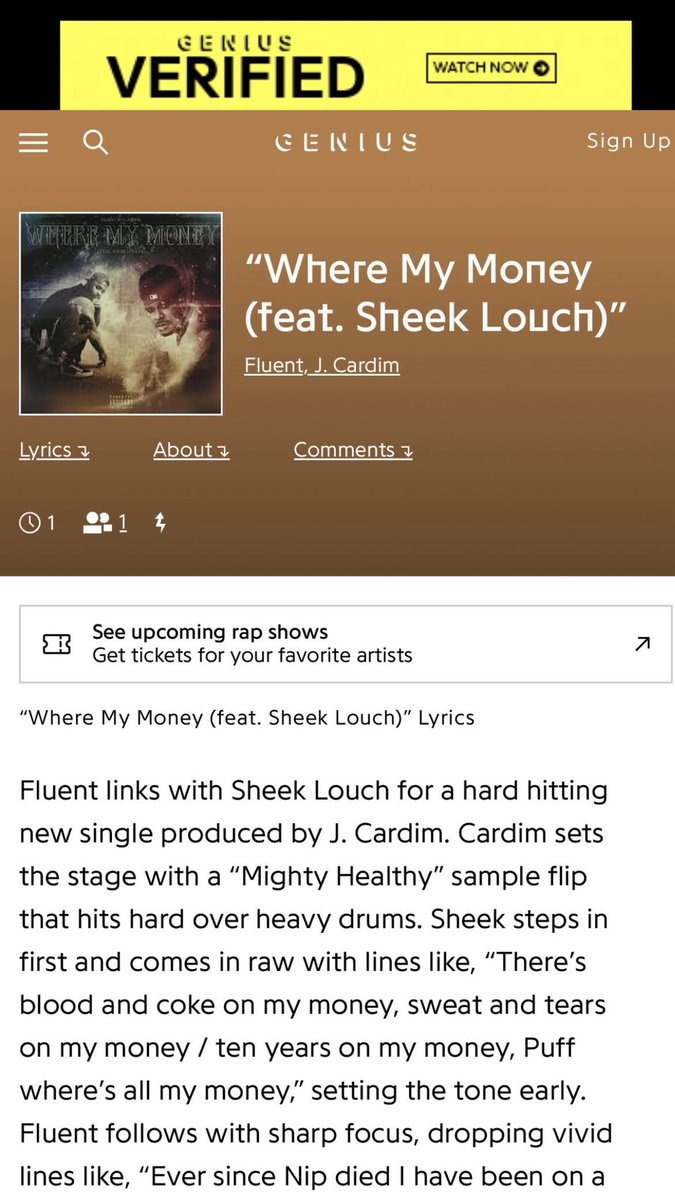 FluentTheGod's tweet photo. Heavy shout out to @genius 
WHERE MY MONEY FT. SHEEK LOUCH 

Out now with real numbers 📊 https://t.co/9ZPMjLonnr