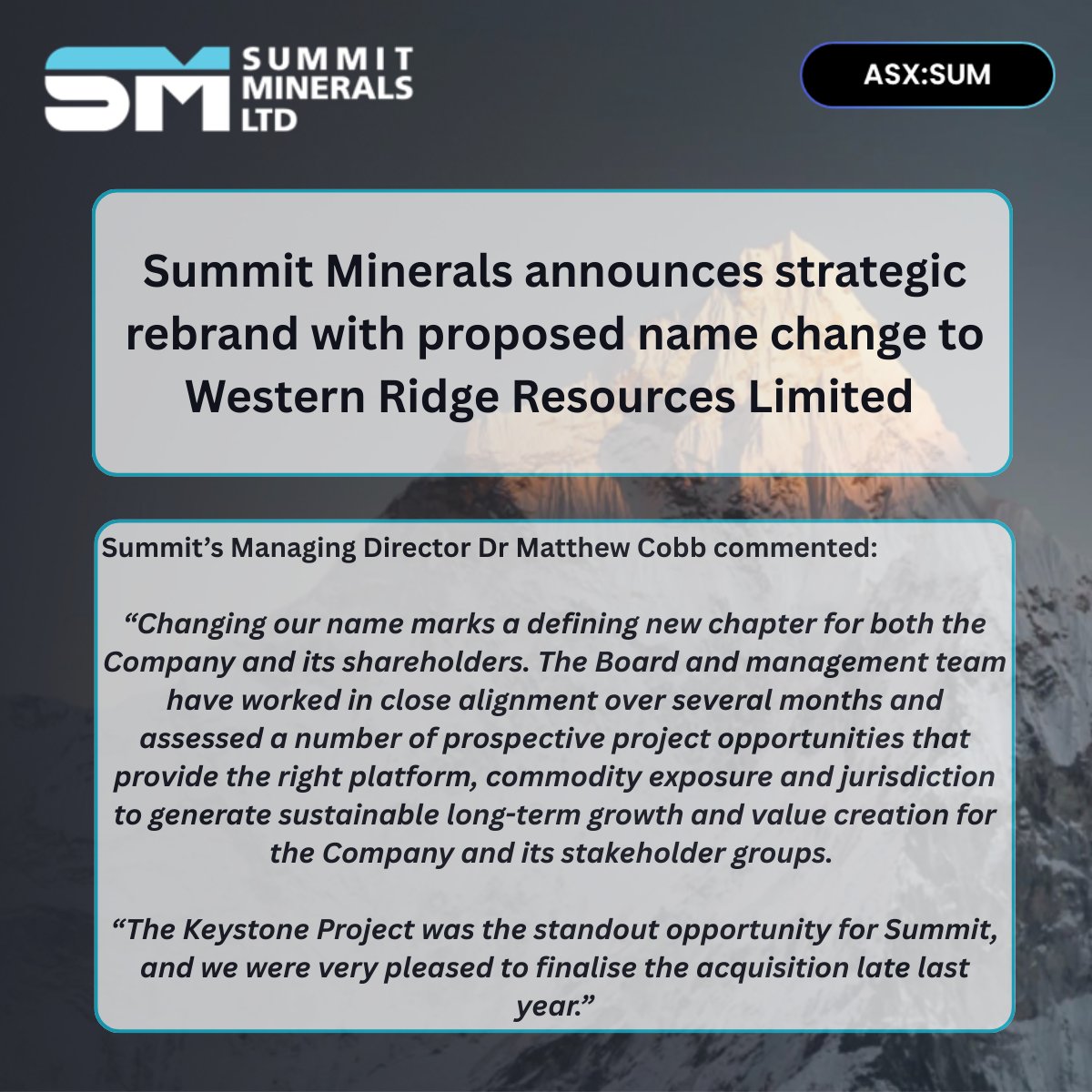 WRX_Ltd's tweet photo. $SUM is pleased to advise that it will seek shareholder approval at the upcoming General Meeting to change its name to Western Resources Limited.

See the full announcement: https://t.co/geunhWkeAs https://t.co/3kp0iIwHeR