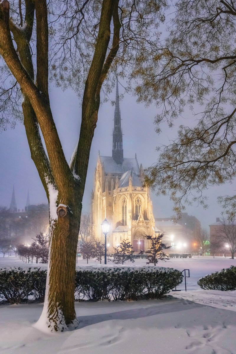 DaveDiCello's tweet image. Another snowy scene from Pitt's campus a few weeks before Christmas, this time a non-snowglobe view of Heinz Chapel. The heavy snow gave the entire image this kind of ethereal, painterly quality that I thought fit the mood perfectly.