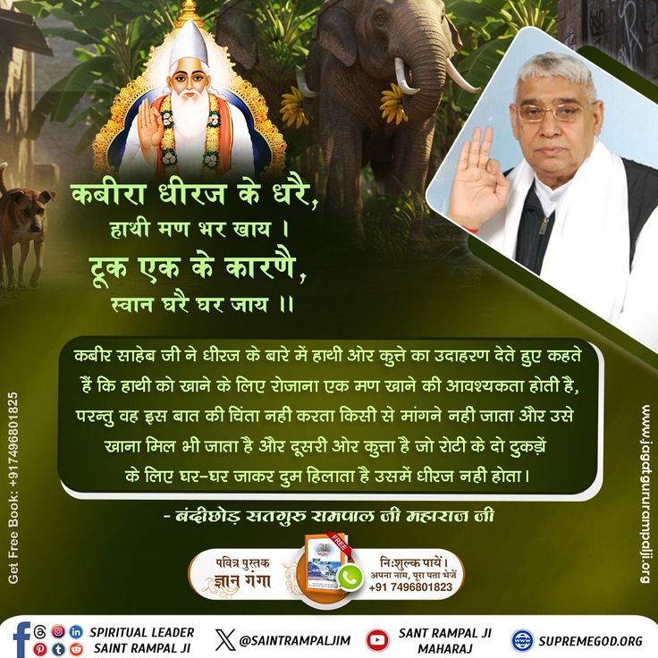#GodMorningWednesday 
कबीरा धीरज के धरै, हाथी मण भर खाय । 
टूक एक के कारणै, स्वान घरै घर जाय ।।
कबीर साहेब जी ने धीरज के बारे में हाथी ओर कुत्ते का उदाहरण देते हुए कहते हैं कि हाथी को खाने के लिए रोजाना एक मण खाने की आवश्यकता होती है, 
#wednesdaymotivation #Wednesdayvibe