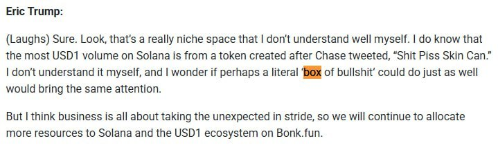 box_ofbullshit's tweet image. Eric Trump speaks about the solana ecosystem, and asks the question whether a 'box of bullshit' can do just as good as shitpisscan

Eric Trump:
" I wonder if perhaps a literal ‘box of bullshit’ could do just as well would bring the same attention."

Website:…