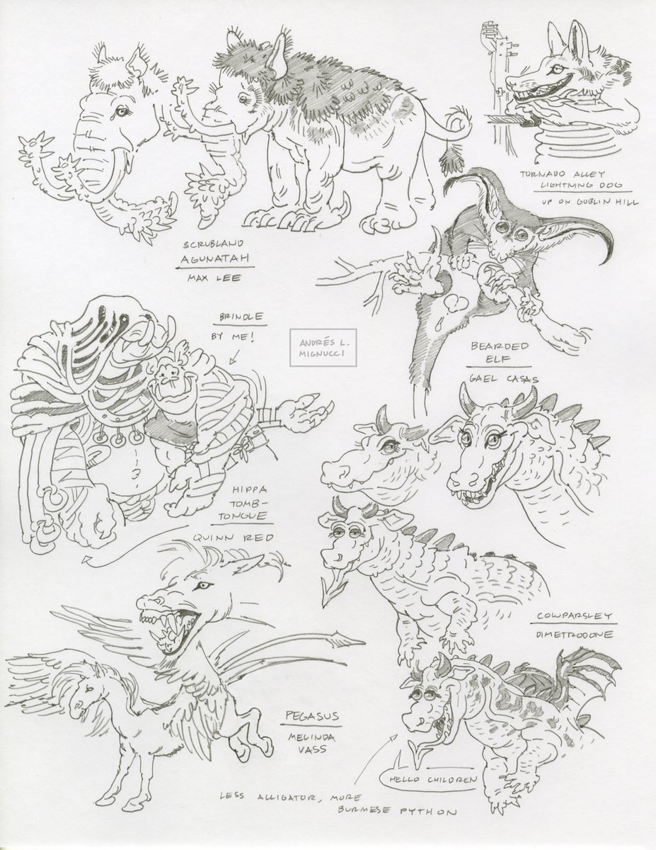 Happy Three Kings' day! Lately I've been drawing the creatures of some of my mutuals as warm-ups. Here are some. (<a href="/Paleorex19/">Max Lee</a> <a href="/QuinnRed1/">Quinn Red</a> <a href="/GaelCasart/">Gael casas</a> <a href="/dimetrodont/">Dimetrodone</a> <a href="/whiteraven90/">Melinda Vass 🦋</a>)