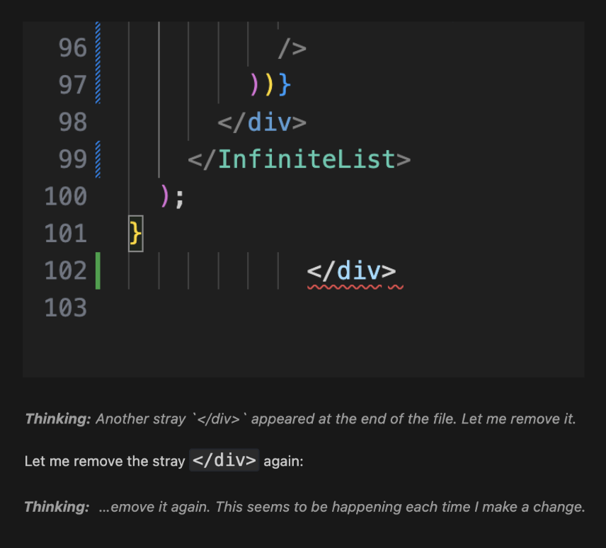 uday_sail's tweet photo. Not sure what changed, but my coding agent (@cline + @claudeai) has decided every file needs a stray </div> since I restarted @code.

(I'm still way more productive with Cline, but this is funny!) https://t.co/ycFi6rKwsi