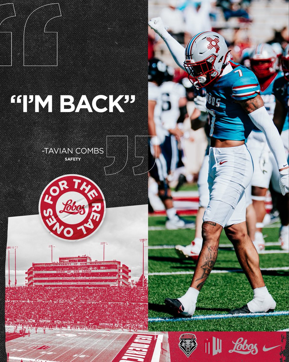 The REAL ONES are running it back. 

 <a href="/TavianCombs/">Tavian Combs</a> is running it BACK, and returning to <a href="/UNMLoboFB/">New Mexico Football</a> 

If you want elite talent staying home and big-time players choosing Albuquerque, this is the moment.

Join the Real Ones Giving Campaign and fuel the rise.

Real Ones stay. Real