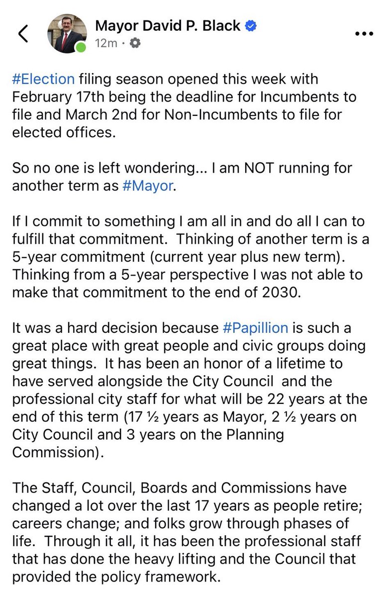 Thank you Mayor <a href="/dpblack/">Mayor David P. Black</a> for your unparalleled leadership in leading Papillion and making local govt focused on service to taxpayers, improving our quality of life, and supporting economic growth! Our region and state are stronger and more prosperous because of your approach to