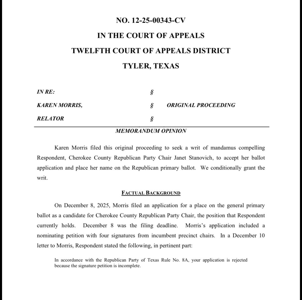 bradj_TX's tweet photo. In a local ballot fight, Cherokee County GOP Chair Janet Stanovich rejected the petition of her challenger Karen Morris. Morris filed a mandamus request against Stanovich, which was granted by an appellate court: https://t.co/aFWIlgrhL8 https://t.co/Vz42pJB76D