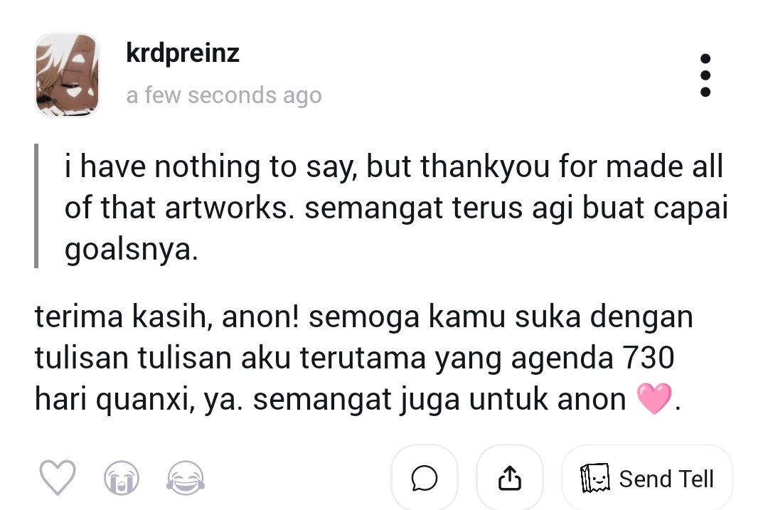 ily anon. semoga aku bisa konsisten dengan agenda 730 hari itu. 

💌. tellonym.me/krdpreinz