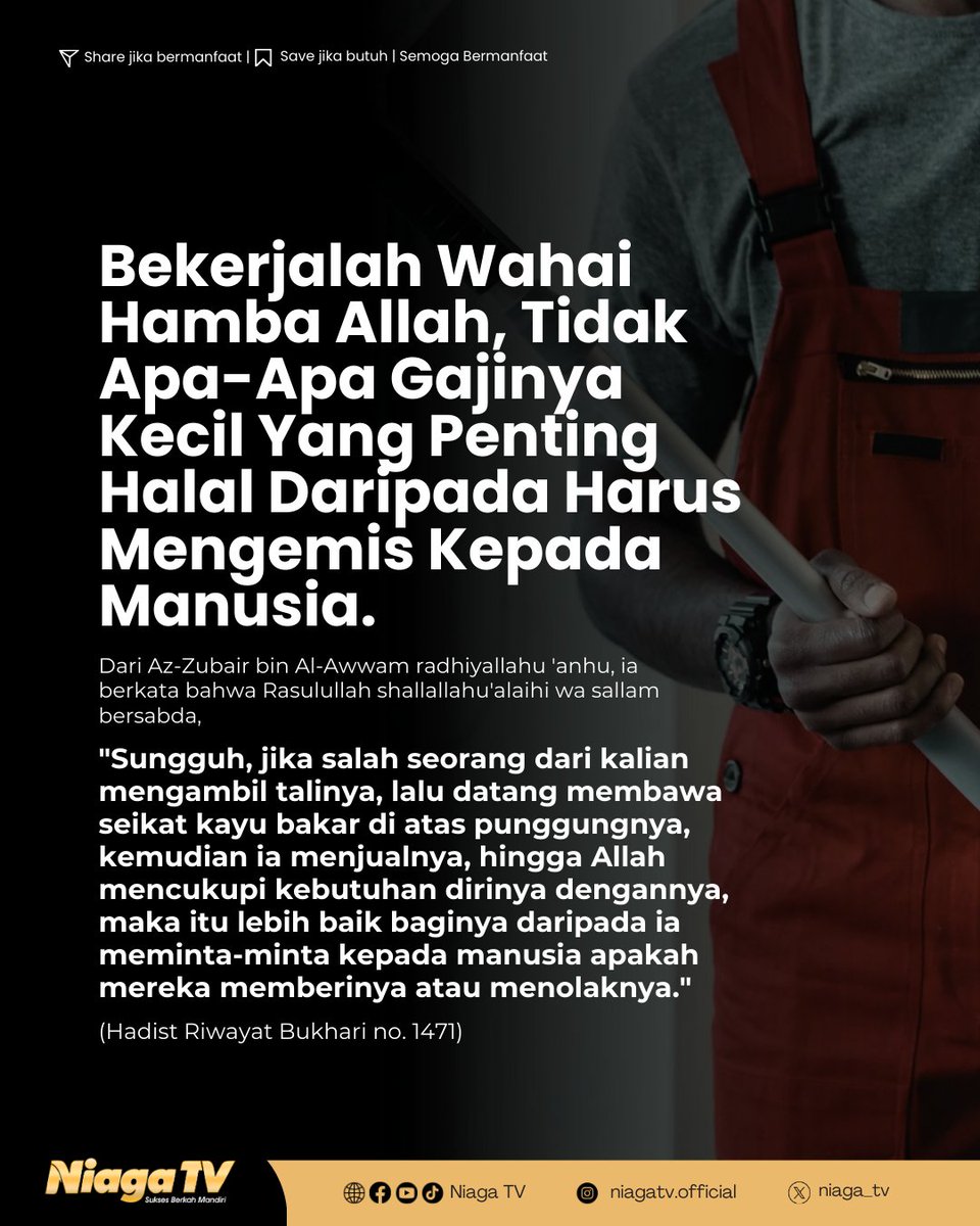Bekerjalah, gaji kecil tak jadi masalah selama yang kau dapatkan itu halal karena itu lebih berharga dibanding mengemis kepada manusia lain.

#sunnah #reminder #Islam #quote