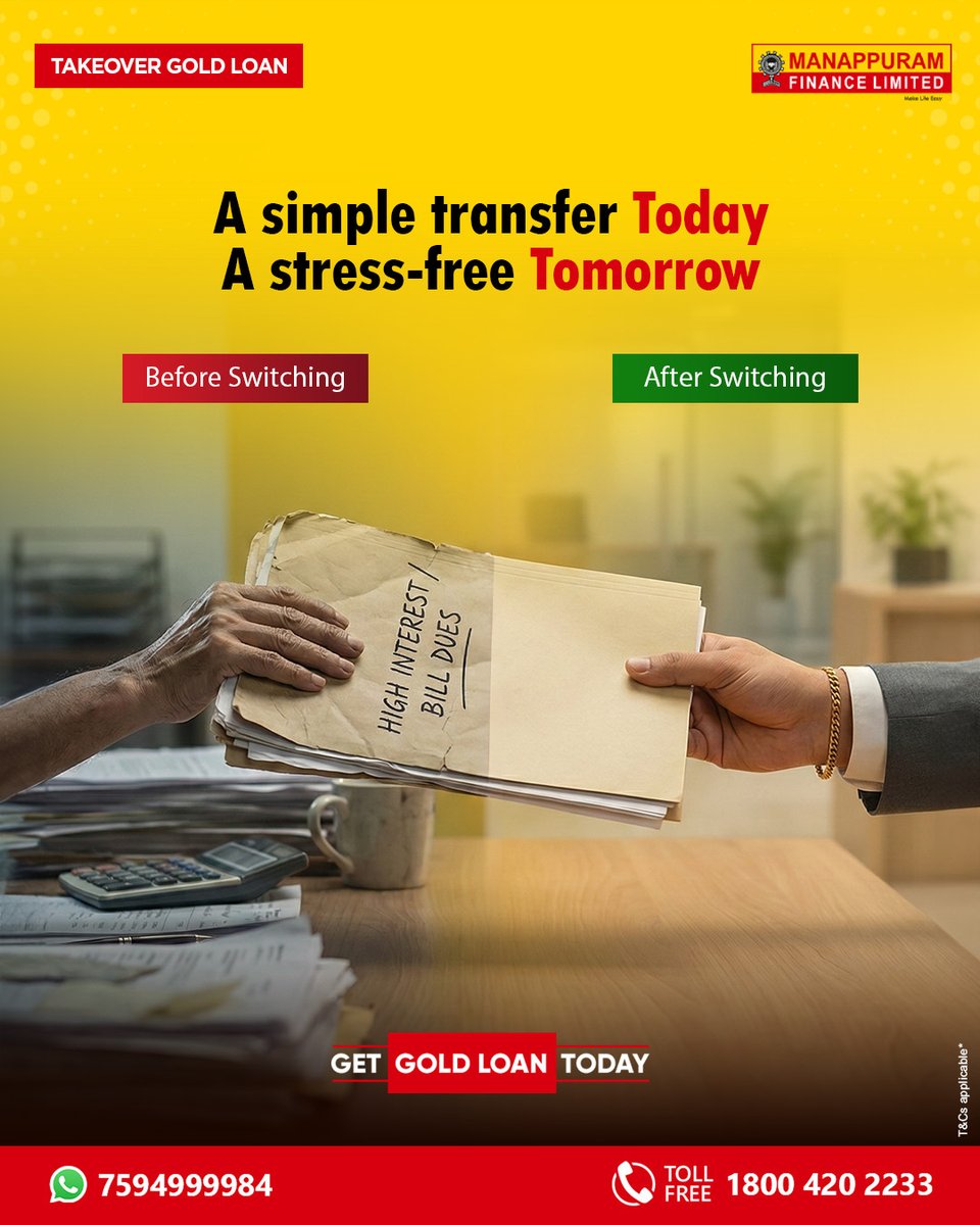 ManappuramMAFIL's tweet photo. Uncomfortable interest rates?
Unnecessary stress?
Transfer your existing gold loan to Manappuram and feel the difference instantly.
Apply now: https://t.co/slbX3M3Nrm
#ManappuramFinance #TakeoverGoldLoan #GoldLoanTransfer #FinancialRelief #LightenYourLoad #YourGoldYourPower https://t.co/F2ADgGMSLV