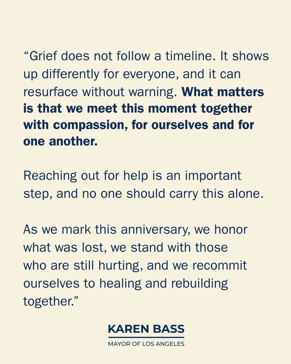 MayorOfLA's tweet image. Los Angeles stands together.
The trauma of these fires continues to be present, and we know grief is an ongoing process. 

If you or someone you love needs support, help is available 24/7. The L.A. County Department of Mental Health offers multilingual crisis support. 

Call…