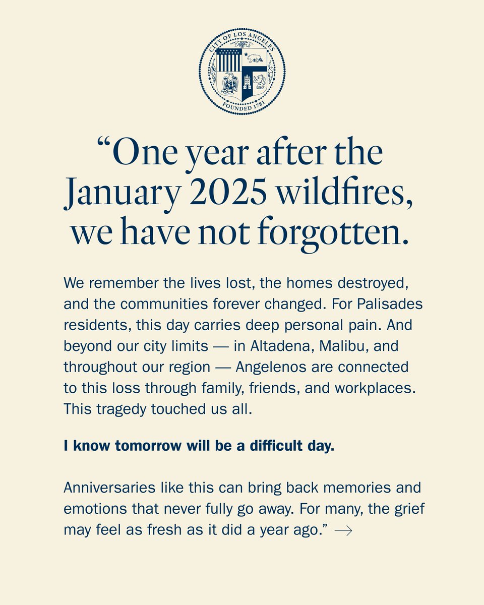 MayorOfLA's tweet image. Los Angeles stands together.
The trauma of these fires continues to be present, and we know grief is an ongoing process. 

If you or someone you love needs support, help is available 24/7. The L.A. County Department of Mental Health offers multilingual crisis support. 

Call…