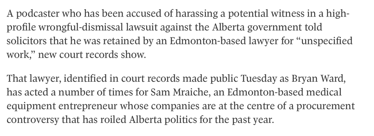 AndieWinnipeg's tweet photo. New bombshell in the Alberta Health Care Scandal courtesy of the Globe and Mail. 

The person accused of harassing a former AHS board member critical of the UCP says he was hired by a lawyer. 

The lawyer has ties to Sam Mraiche. 

How could they think this wouldn't get out? https://t.co/dBkucy7d7f