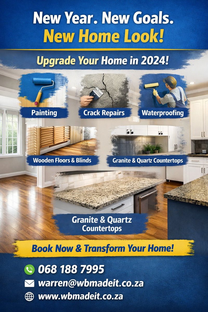 Wbmadeitproject's tweet photo. New Year. New Goals. New Home Look!
Start the year by upgrading your space with our professional services
📞 068 188 7995
📧 warren@wbmadeit.co.za
🌐 https://t.co/fqYIV5ZaZ9
#NewYearNewHome #JanuaryRenovations #HomeUpgrades #HomeImprovement #WBMadeIt https://t.co/LJs6ts5cFA