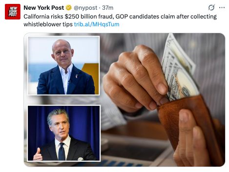 GovPressOffice's tweet photo. How a MAGA lie is born:

STEP 1: An irrelevant former Fox News host posts a made-up fraud number.

STEP 2: The NY Comic Book reports it as fact. 

STEP 3: Fox News repeats the “reporting,” zero facts attached.

Last week it was a fake $70B. Now it’s a fake $250B. https://t.co/AjCw5CGJjE