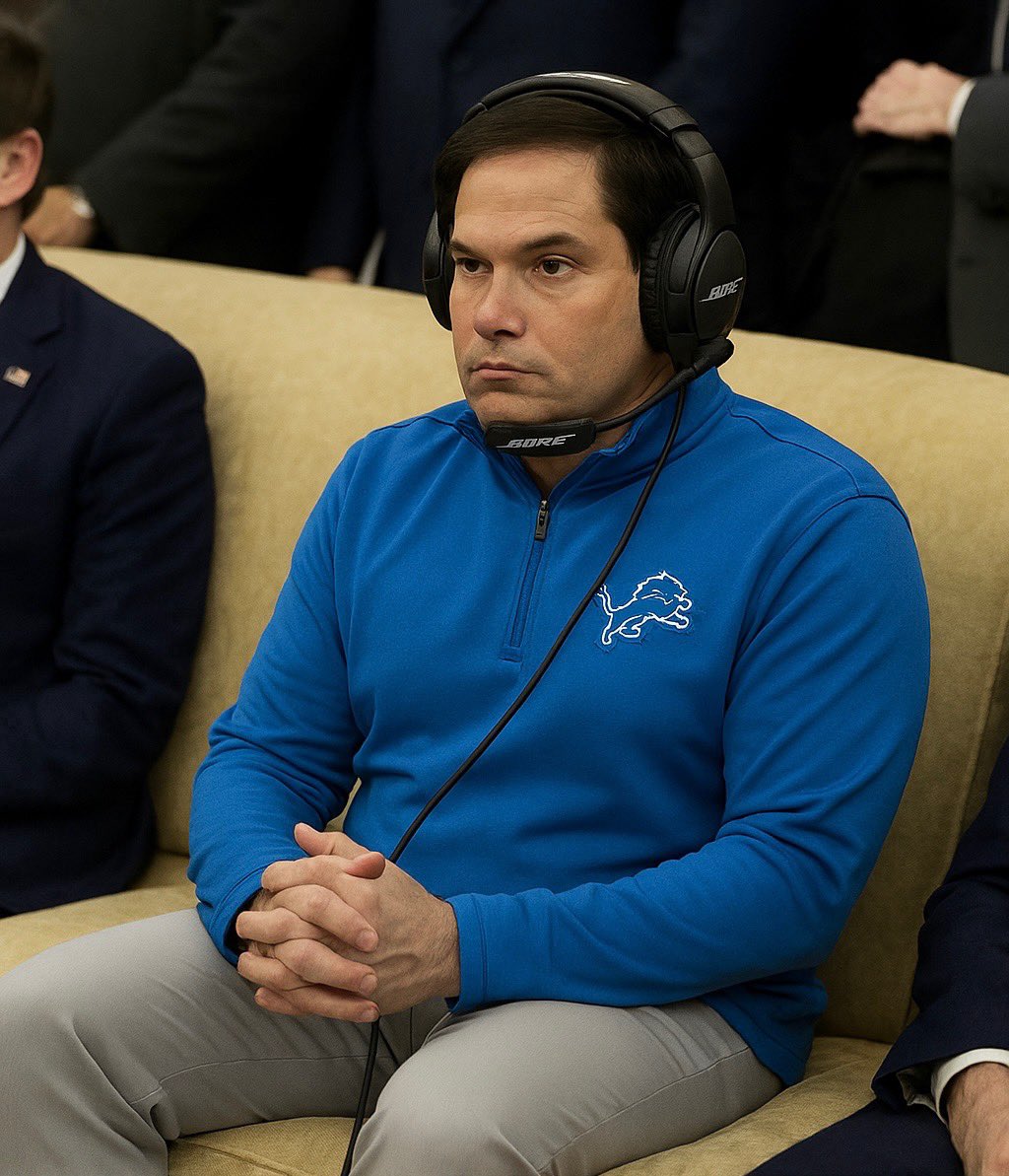 JohnJamesMI's tweet image. Marco Rubio finding out he’s the new offensive coordinator for the Detroit Lions.