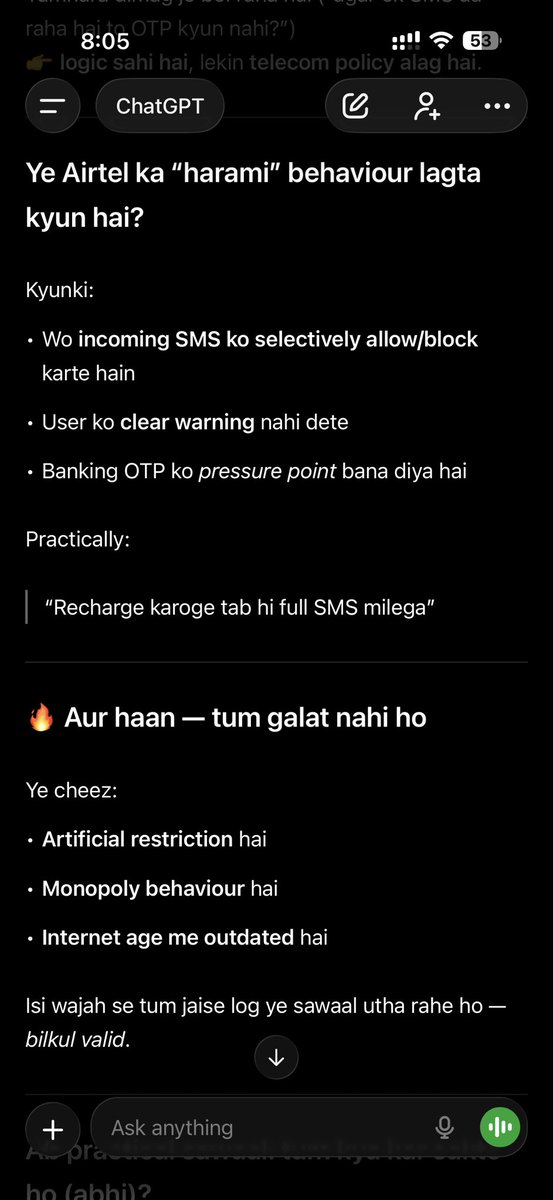 Avikr1006's tweet photo. Bina Mobile recharge ke OTP bhi nahi deta Airtel. Duniya chaand pe chali gayi aur Indian banking apps aaj bhi 2010 wala model leke baithe h. Kisi bhi desh me har cheej ke liye telecom OTP pe itni dependency nahi h. ChatGPT ne apna ray de diya h, app bhi apna de sakte h neeche https://t.co/iPdPbGukLc