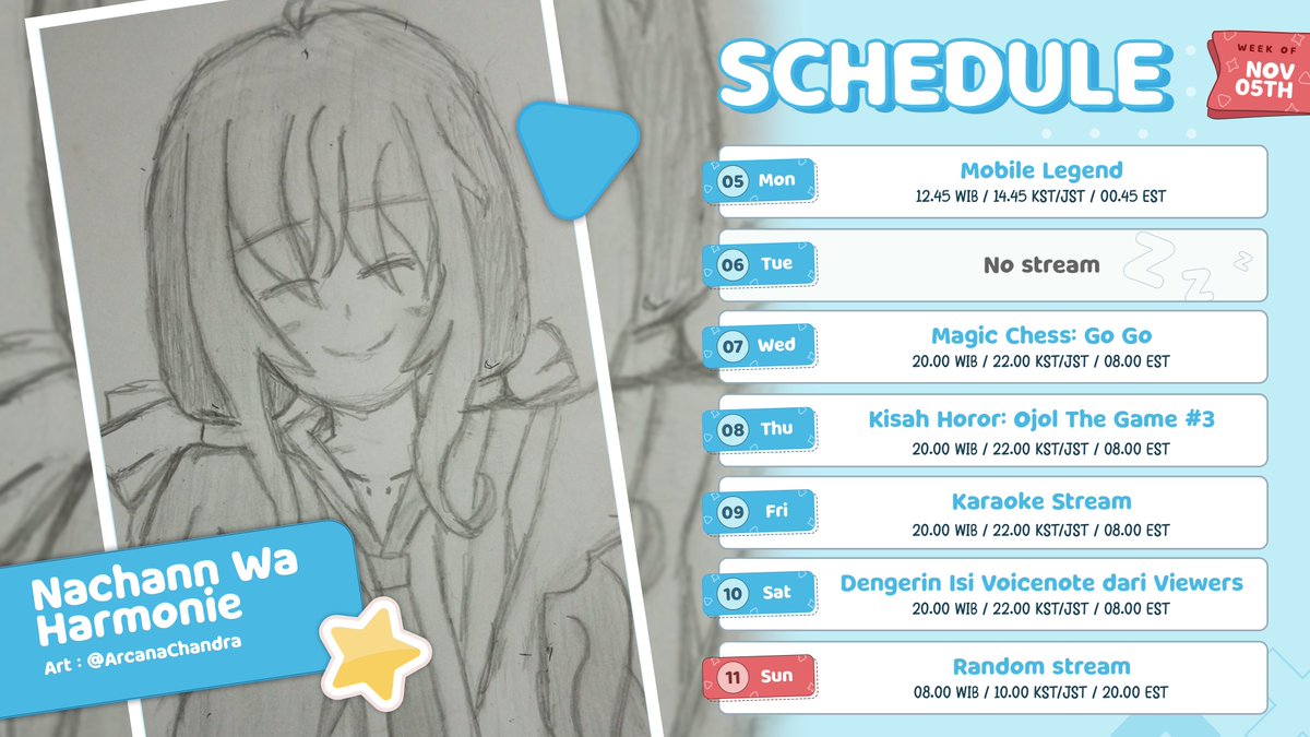 🦄 SCHEDULE 05 - 11 JAN! 🦄

Sorry yaa agak telat sedikit schedulenya karena aku lagi sibuk banget di kayangan nih!

🦄General: #NachannWaHarmonie
🦄Live: #NachannOnDelivery
🦄Fanart: #Nachantik
🦄Meme: #Nachannomaly
🦄Clip: #Nachlip
🦄Fan name: #Nachircle