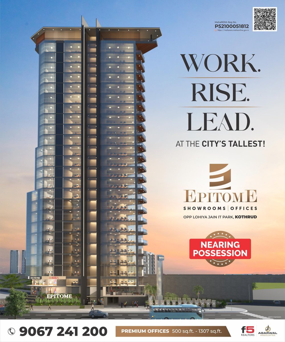F5Realtors's tweet photo. Some offices give you space.
This one gives you an advantage.

Rise at EPITOME – the city’s tallest commercial tower in Kothrud, right opposite Lohiya Jain IT Park
➦ Premium Offices (500–1307 sq.ft.)
➦ Showrooms with unmatched frontage https://t.co/8e4J95UPRd