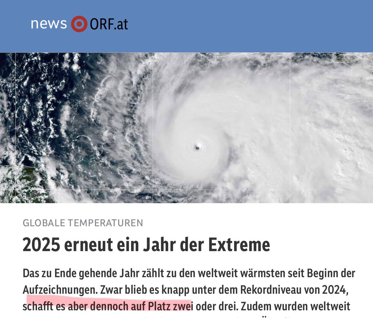 Kleine Info - damit man die „Klimakrise“ richtig einordnet.

Wäre die jetzige Kältewelle „3 Tage“ früher eingetroffen, wäre das Jahr 2025 irgendwo im Mittelfeld gelandet - wäre sie „3 Tage später“ eingetroffen, wäre das Jahr 2025 das wärmste gewesen seit Beginn der
