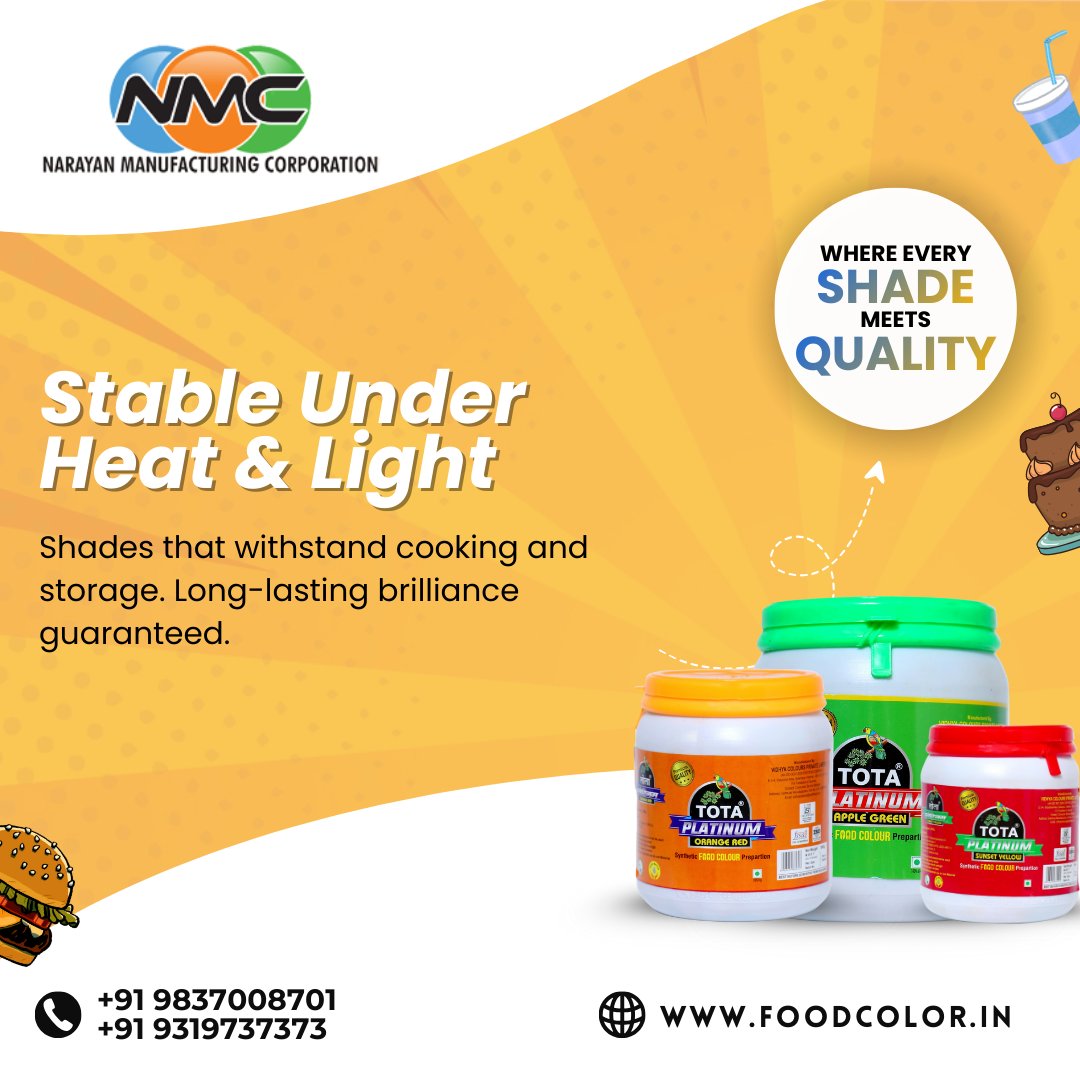 nmcfoodcolor's tweet image. Our food colors are formulated to withstand cooking, processing, and storage conditions without fading or changing shade.

This ensures long-lasting brilliance and a consistent appearance throughout the product’s shelf life.

#NMCFoodColors #ColorStability #HeatResistantColors