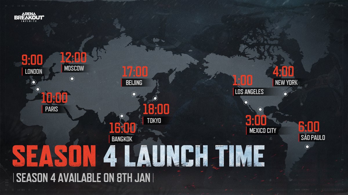 ArenaBreakoutPC's tweet image. Season 4: Airport Hunt Launches on Jan.8th!
Check the global launch schedule and be ready when the servers go live in your region.
Set your alarms. Prep your gear. And stay safe at the Airport!
We'll see you on day one.

#ArenaBreakoutPC #ArenaBreakoutInfinite #ABI #ABIS4