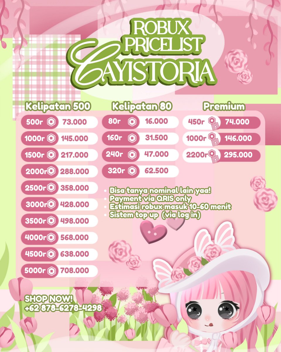 cayistoria's tweet photo. Readyy robux vilog yaa, fast jugaa gusy!! Bisaa sung order di WA akuuuw yg mau jajannn🌷😶‍🌫️ #zonauang #zonajajan https://t.co/bHxmChpyQe