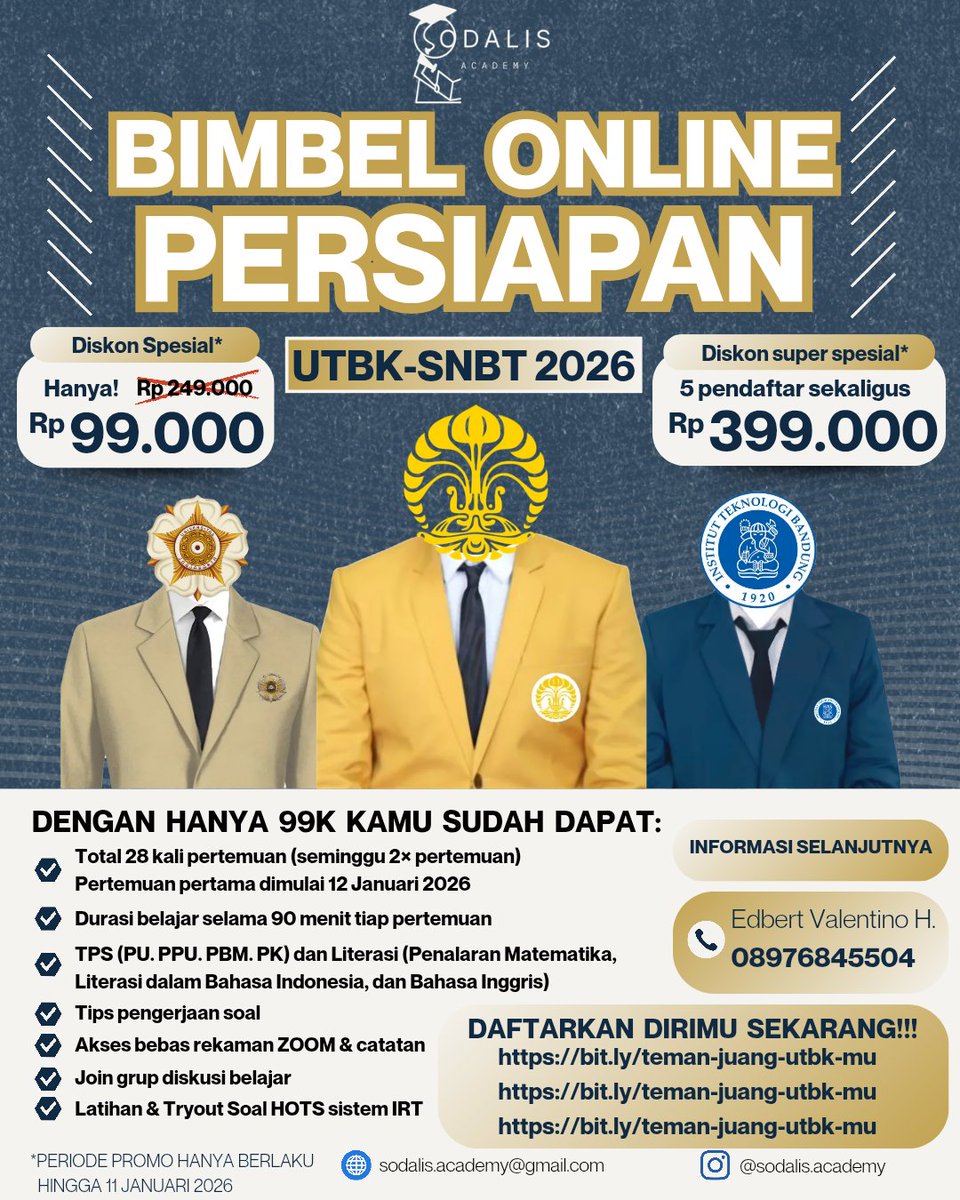 gaisss, izin promosi yakk. Siapa tau di sini ada yang lagi bingung cari bimbel UTBK affordable/masih kelas 12 dan lagi berjuang mempersiapkan UTBK. Kapan lagi 28 sesi pertemuan intensif bimbel UTBK tapi bayarnya cuman 99k 😱😱 Ayooo, mumpung masih periode diskon sampai 11 Januari