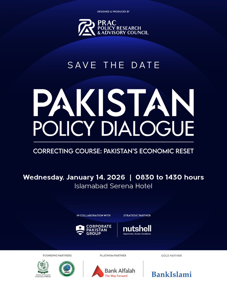 NutshellGroup's tweet photo. S๐๐๐ ๐๐๐ ๐๐๐๐
The Policy Research & Advisory Council (PRAC), in collaboration with the Corporate Pakistan Group (CPG), will host the ๐๐๏ฟฝ๏ฟฝ๐ข๐ฌ๐ญ๐๐ง ๐๐จ๐ฅ๐ข๐๐ฒ ๐๐ข๐๐ฅ๐จ๐ ๐ฎ๐ (PPD) on January 14, at the Serena Hotel, Islamabad.
#PakistanPolicyDialogue
1/3 https://t.co/jcxztvyBAl