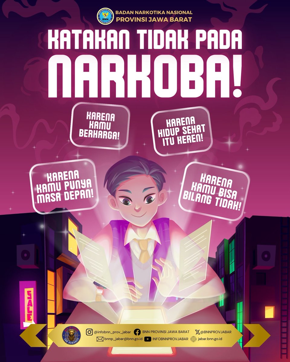 Katakan TIDAK pada narkoba.
Karena kamu berharga, punya masa depan, dan berhak hidup sehat.
Berani bilang tidak hari ini, demi masa depan yang lebih baik.✨

#warondrugsforhumanity