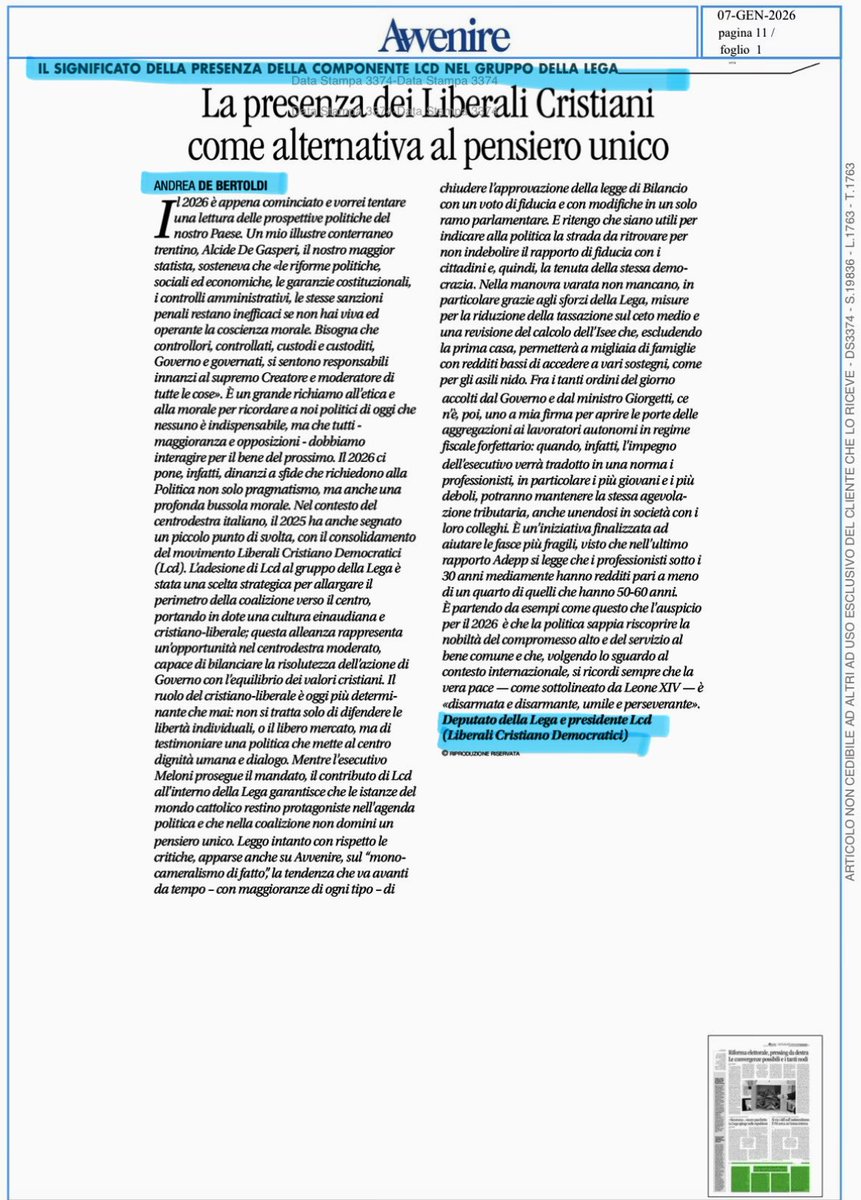 Ringrazio <a href="/Avvenire_Nei/">𝐀𝐯𝐯𝐞𝐧𝐢𝐫𝐞</a> per aver ospitato il mio corsivo sul ruolo dei Liberali Cristiano Democratici <a href="/lcd_italia/">LCD</a> nel #centrodestra e per una Politica che metta al centro la dignità umana ed il dialogo. <a href="/LegaCamera/">Lega Camera</a> 🇮🇹