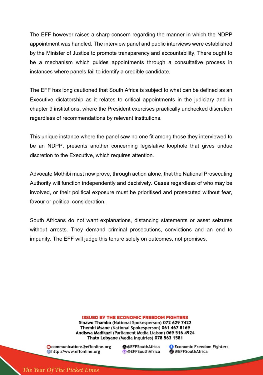 EFFSouthAfrica's tweet image. EFF Statement On The Appointment Of Advocate Andy Mothibi As National Director Of Public Prosecutions (NDPP)

- The EFF has long cautioned that South Africa is subject to what can be defined as an Executive dictatorship as it relates to critical appointments in the judiciary and…
