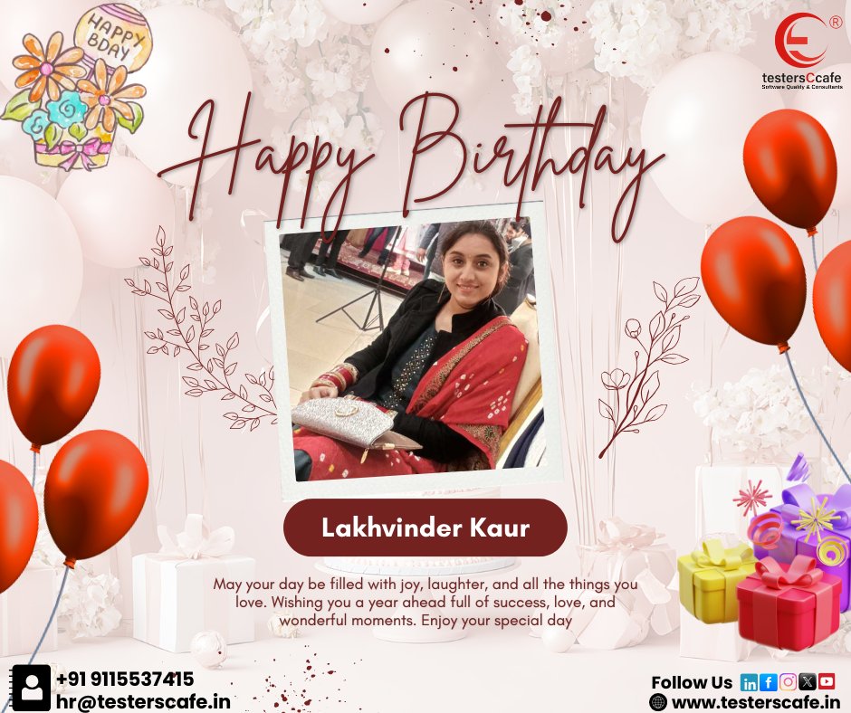 TestersCcafePvt's tweet photo. Wishing you a very Happy Birthday Lakhvinder Kaur! 

May the year ahead bring you success, good health, and continued growth.

#HappyBirthday #BirthdayVibes #SpecialDay  #testersCcafe #qualityanalyst #itcompanies #softwaretesting #testing #qualityassurance #consultants #tcc https://t.co/MlfNnj8s2L