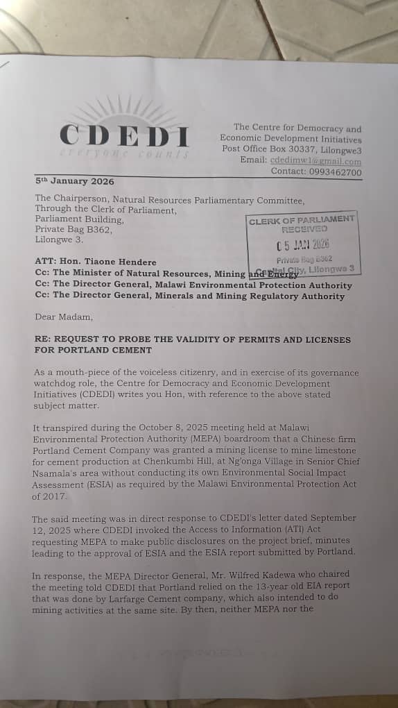 CDEDI3's tweet photo. CDEDI has engaged the Parliamentary Committee on Natural Resources in #Malawi, through it's Chairperson, Hon. Tiaone Hendere, to look into the validity of permits and licenses for Portland Cement Company. #Accountability #activism #mining #minerals https://t.co/oNQjaqRTuI
