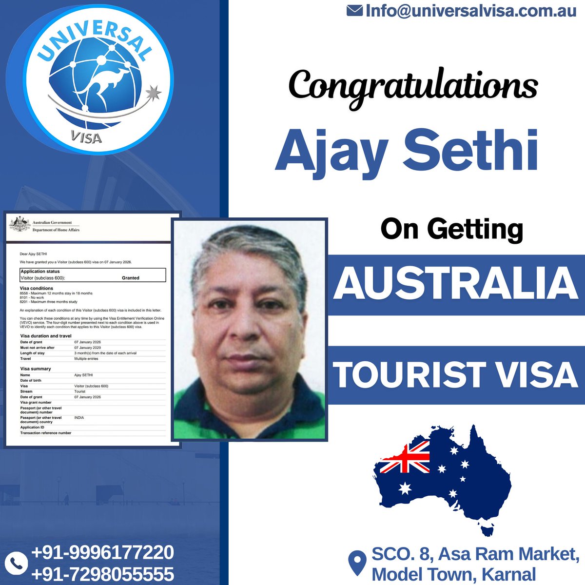 universalvisa11's tweet photo. 𝐎𝐍𝐄 𝐌𝐎𝐑𝐄 𝐀𝐔𝐒𝐓𝐑𝐀𝐋𝐈𝐀 𝐕𝐈𝐒𝐀🇦🇺🇦🇺🇦🇺🇦🇺🥳🥳

Congratulations To Our Client On Getting "AUSTRALIA TOURIST VISA🇦🇺🇦🇺". We Wish You Good Luck For Your Future. 

If You Also Want To Study/Settle/Work in AUSTRALIA, Then Contact Us Today @universalvisa11 https://t.co/UBmpDYdFHG