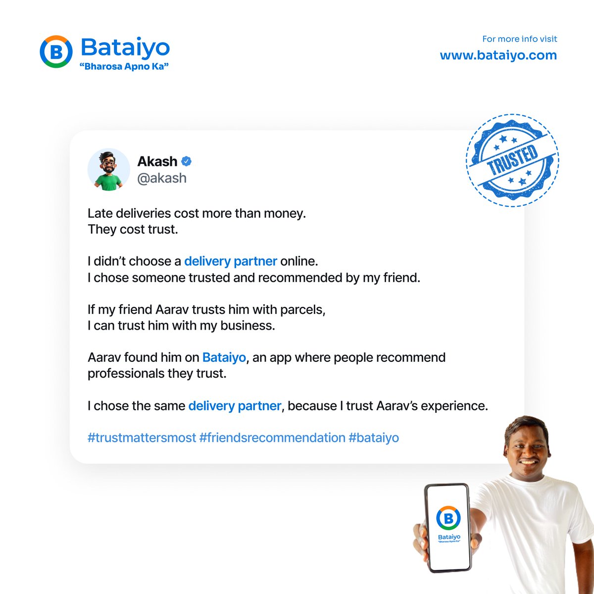bataiyoofficial's tweet photo. For years, we searched for better reviews, ratings, and platforms.
But none of them solved the real issue.
Trust doesn’t scale through algorithms.
It scales through people.

That’s why Bataiyo exists 
to capture real recommendations from real networks.
See a real example below 👇 https://t.co/6Z5zsjysbO