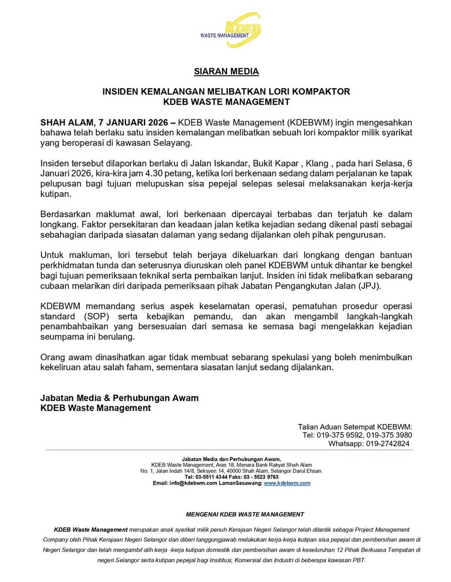 KENYATAAN MEDIA | Insiden kemalangan lori kompaktor KDEB Waste Management 

#MediaSelangor