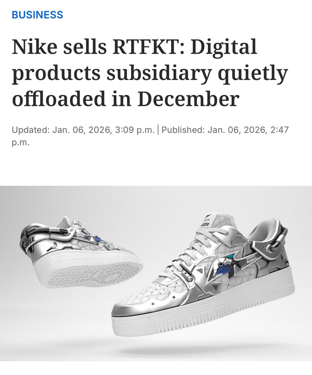 Dec 2021: Nike acquires RTFKT, marking the start of the top of NFTs

Dec 2025: Nike sells RTFKT, marking the end of the bottom of NFTs

4-year cycle for NFTs confirmed. NFTs might actually be back 😤
