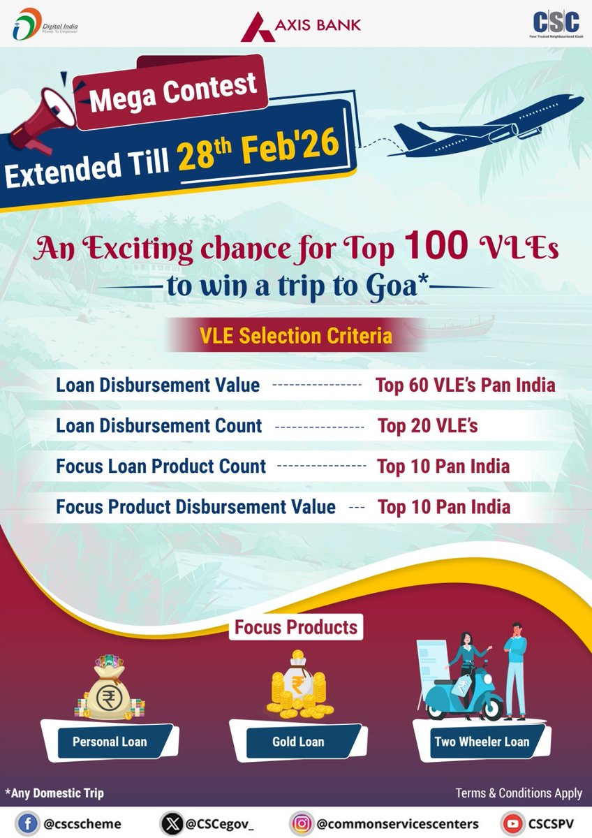 CSCegov_'s tweet image. Axis Bank Mega Contest - Extended till 28th Feb...

An Exciting chance for Top 100 VLEs to win a trip to Goa...

Focus Products
👉Personal Loan
👉Gold Loan
👉Two Wheeler Loan

#CSC #DigitalIndia #AxisBank #CSCFinancialService #CSCBankingService #BankingService #FinancialInclusion