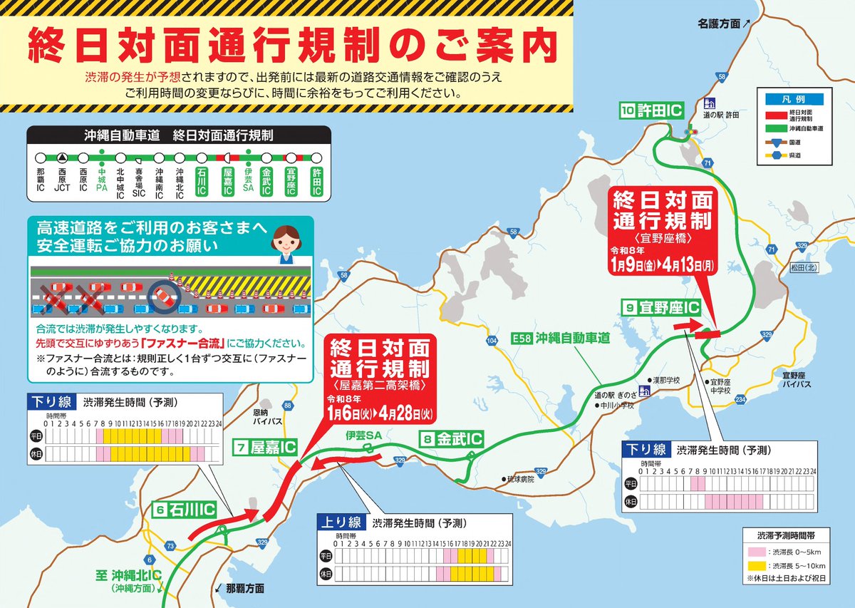 お知らせ】 令和8年1月6日より沖縄道 石川IC～金武IC間で工事のための