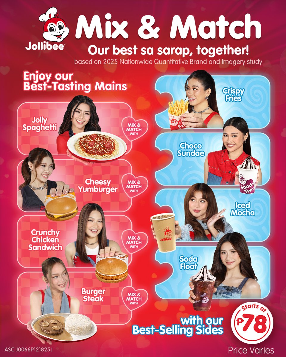 Jollibee's tweet image. #JollibeeMixAndMatch is here with BINI!! 🎶💖  Describe your mood using 2 emojis because #BINILovesJollibee! ✨😎