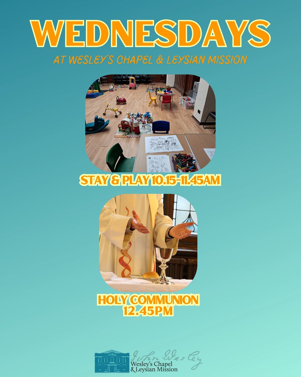 WesleysChapel's tweet photo. We're back to our usual Wednesday pattern now, and so we've got 
Morning Prayer on Livestream at 10am
Stay and Play 10.15am-11.45am
Holy Communion at 12.45pm https://t.co/PAxSfrqg0g