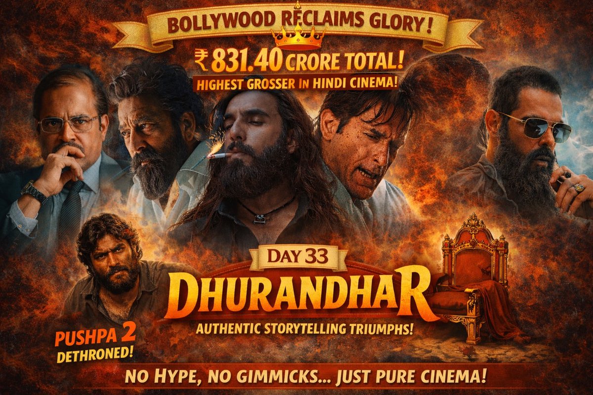 Cinema_With_PRD's tweet photo. #Dhurandhar hits 831.40cr, officially dethroning #Pushpa2 as Hindi cinema’s highest-grosser on Day 33!

Proof that authentic storytelling demolishes gimmicks. No forced hype or viral stunts- just pure craft earning organic dominance🔥

Bollywood reclaims glory. 👑 https://t.co/8lMQc5s2Bv
