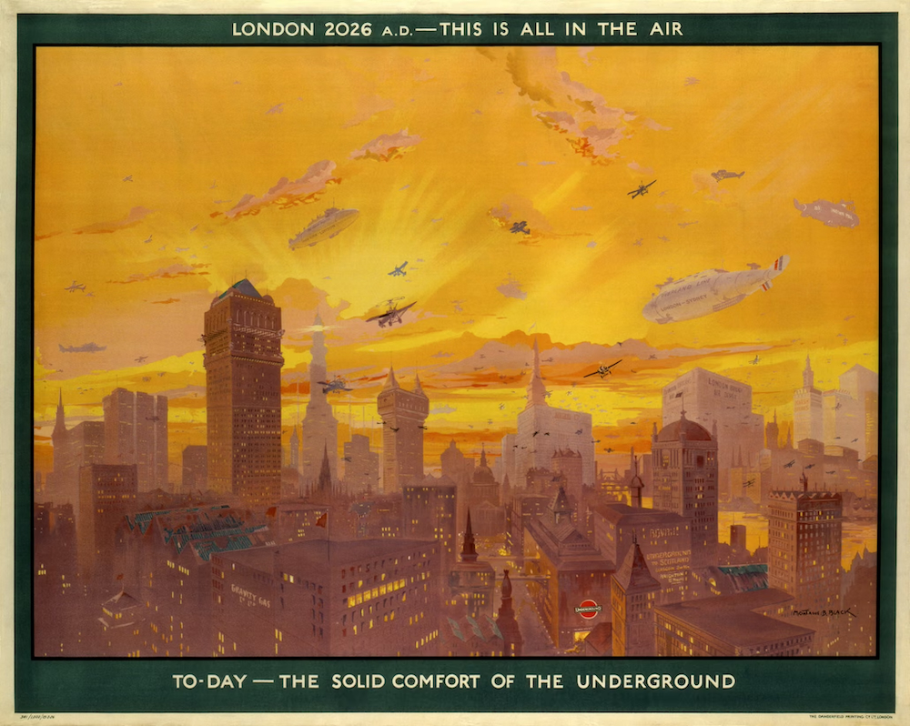 This poster was created exactly 100 years ago by London Underground. It shows a futuristic London (way off in... um... 2026) with dozens of City skyscrapers and crowded skies. See first comment for more details and other past predictions of 2026.
