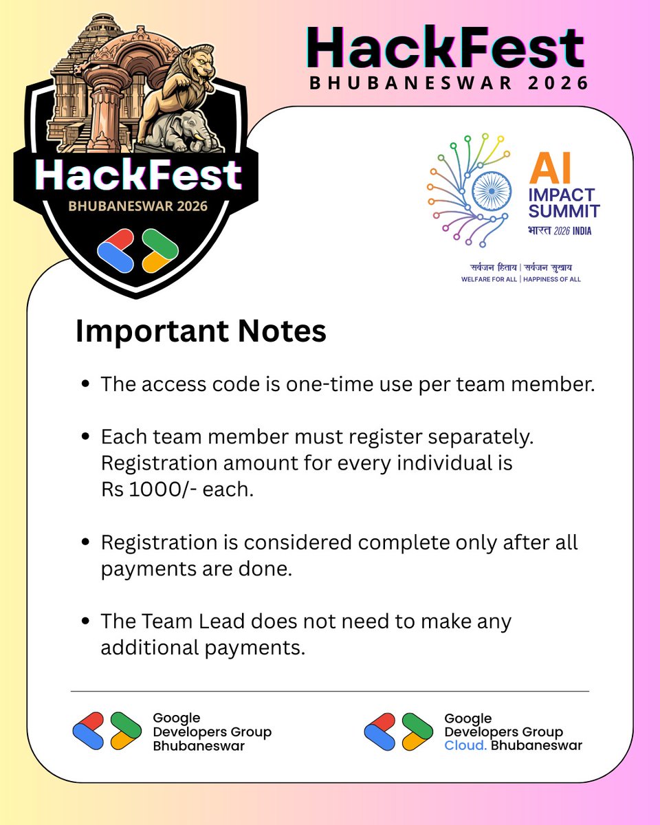 🌟Guide to Registration Process for Hackfest Bhubaneswar 2026  : Part 2
This guide outlines every step — from team submission &amp; approval to access codes, individual registrations &amp; ticket confirmation.
#HackFestBhubaneswar2026 #Hackathon #GoogleDeveloperGroups 
#GDGBhubanshwar