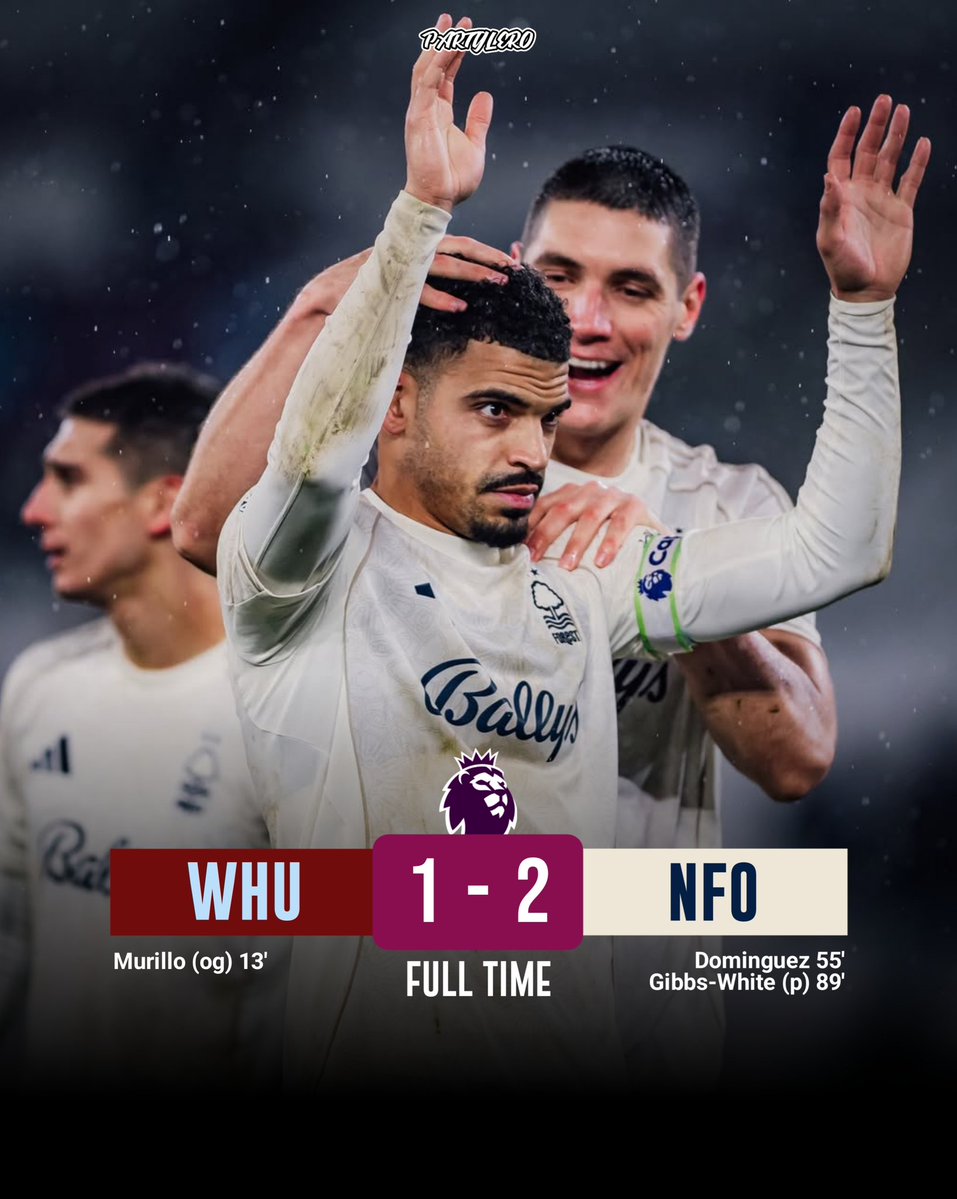 📍FULLTIME!

#WHUNFO 1-2
⚽ Murillo (og) - Dominguez, MGW
🅰️ Soucek - Anderson
🅱️ Dominguez (+3), MGW (+2), Soucek (+1)
🛡 Scarles, Summerville, Mavropanos, Todibo - Anderson, Murillo, Neco