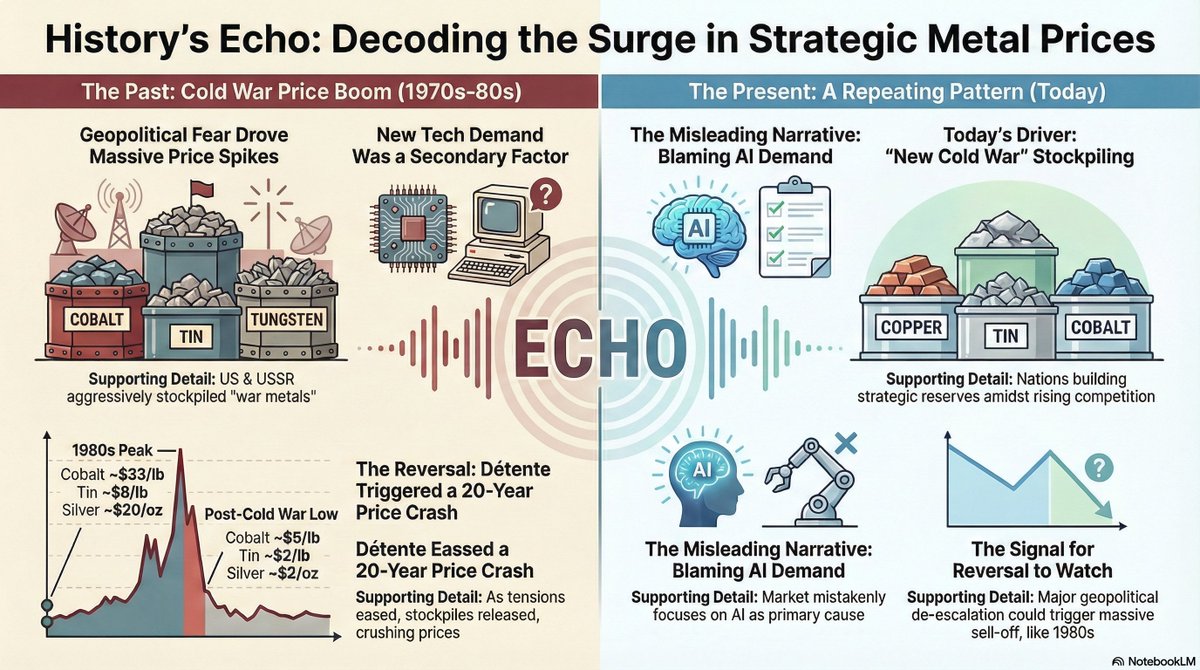 付鹏观点：铜、铝、锡等金属的暴涨并非仅由AI科技需求驱动，而是新冷战背景下大国进行战略储备博弈的结果。未来四五年内高压态势将持续，且金属价格的 异常走势反映了世界秩序的重构。只有当类似冷战终结的缓和信号出现时，这种由国家行为主导的结构性溢价才会发生逆转