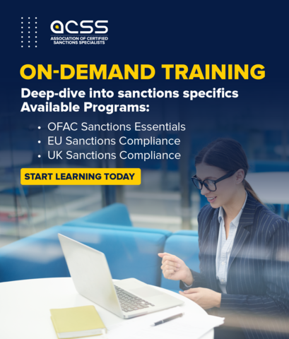 Need sanctions expertise now? Access it instantly.

OFAC Essentials. EU Compliance. UK Frameworks.
Self-paced courses available 24/7.

Start learning today → sanctionsassociation.org/trainings-cour… 

#OnDemandLearning #SanctionsTraining #ACSS