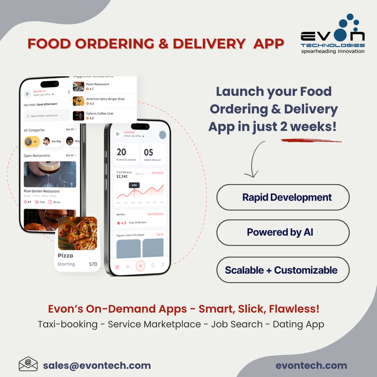 Launch your own #FoodDeliveryApp in just 2 weeks🍔🚀#NoCoding stress, no delivery delays. 

We deliver what we promise—ready-to-launch apps for Taxi Booking, #JobSearch, #Dating &amp; more.

📩sales@evontech.com
🌐evontech.com
🔗bit.ly/3U04mZD

#AppDev #MobileApp