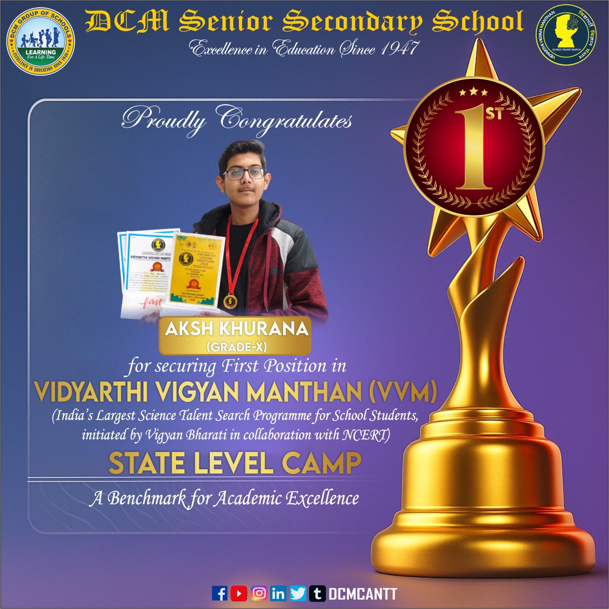 dcmcantt's tweet photo. We are proud to share that Aksh Khurana of Grade X secured First Position at the VVM State Level Camp &amp; has qualified for the VVM National Level Camp. 
Heartiest congratulations to Aksh for his dedication &amp; outstanding performance. Wishing him great success at the National Level! https://t.co/iy1coP0OC1